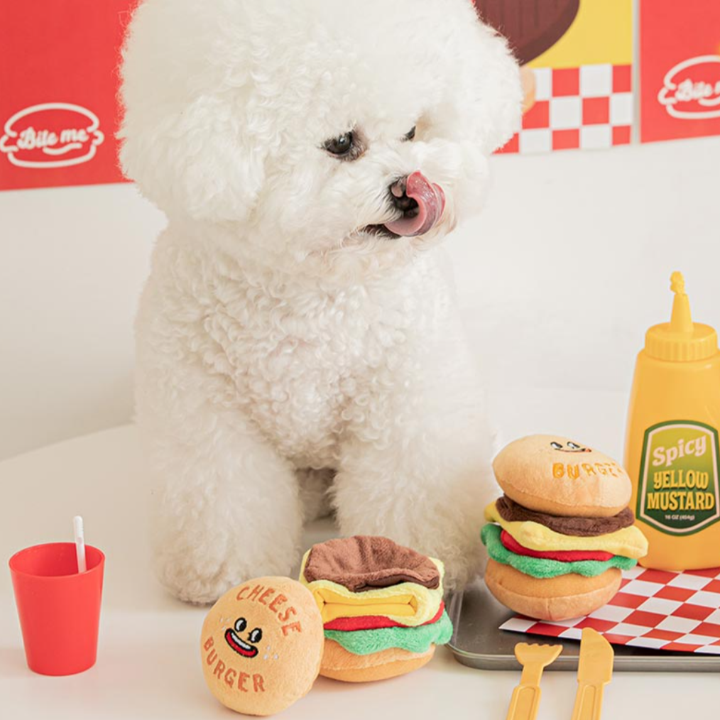 Burger dog toy clearance
